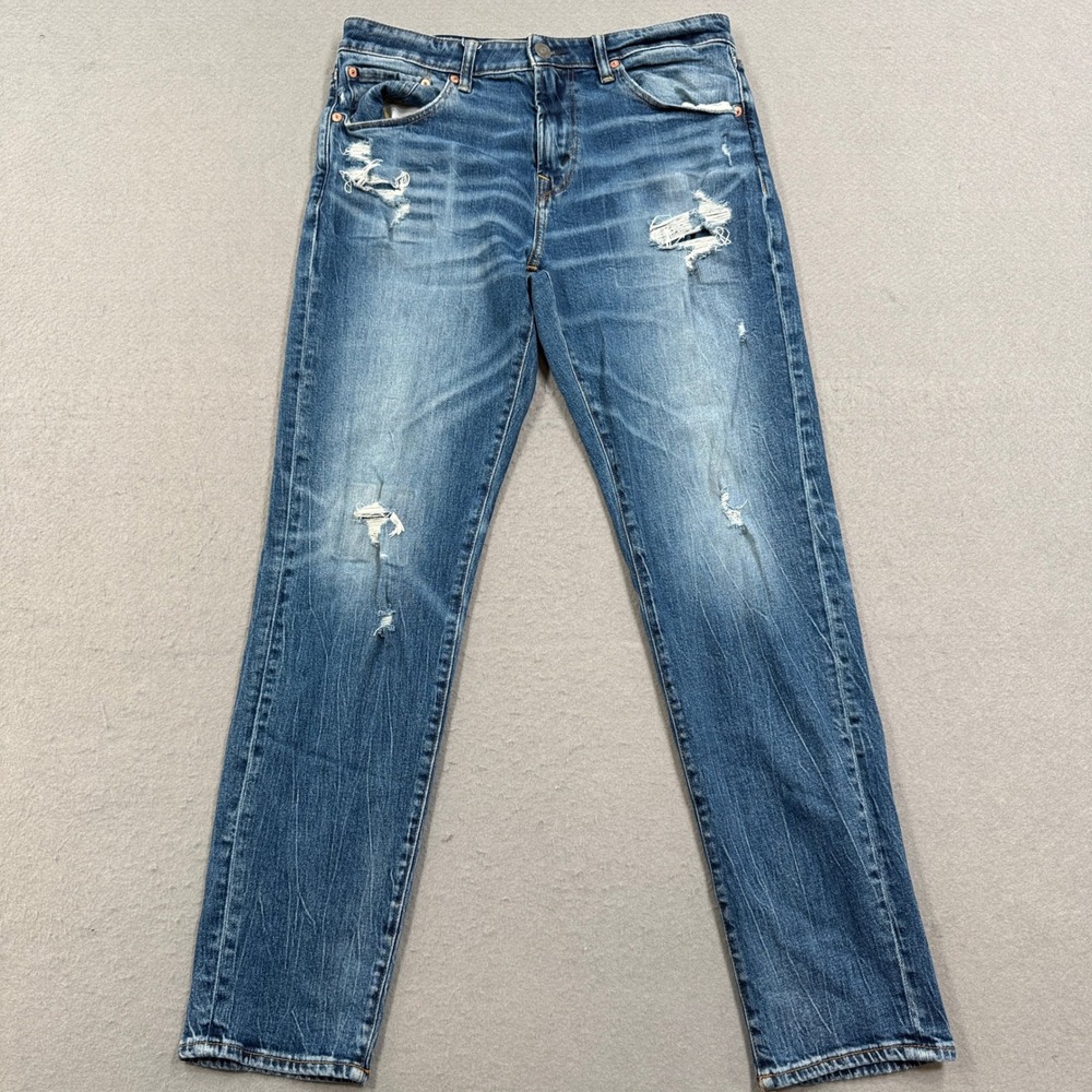 American Eagle Jeans Men's 31x32 Blue Denim Airflex+ Slim Fit Tapered Distressed